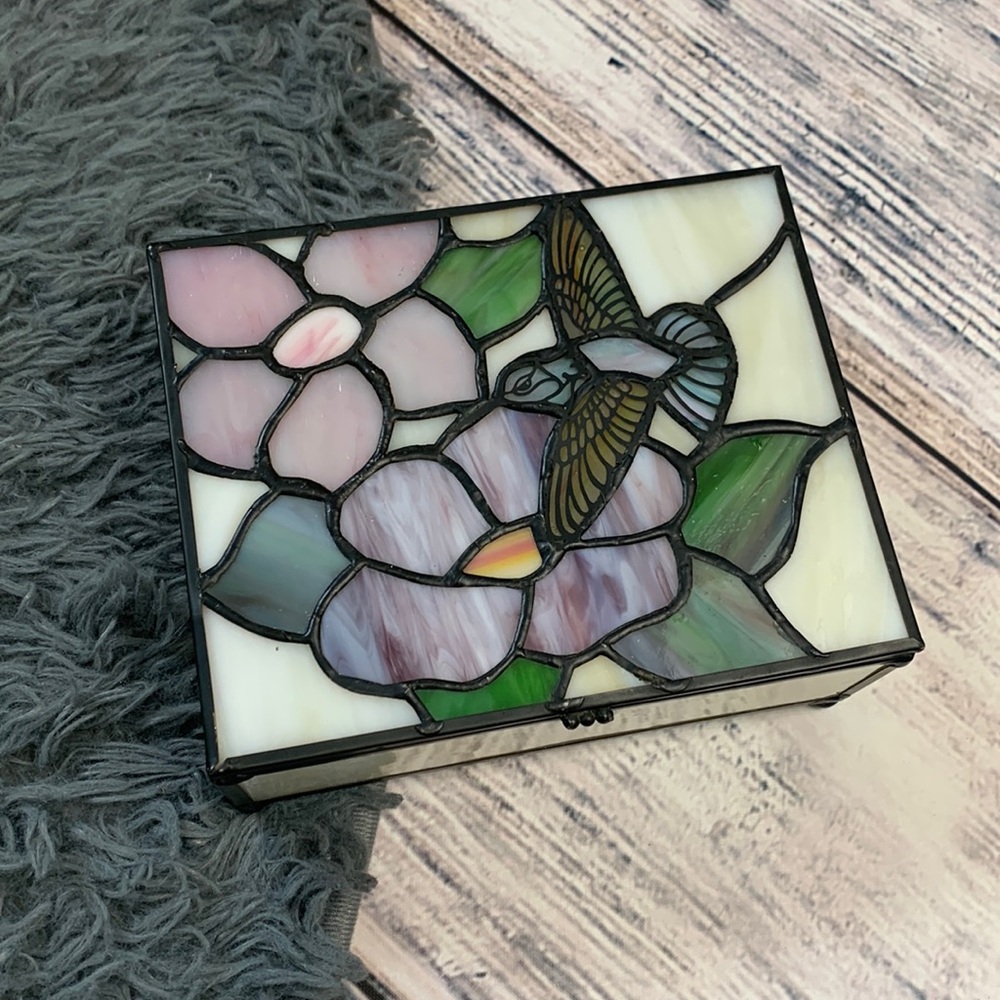 Vintage Floral Hummingbird Stained Glass Trinket Box